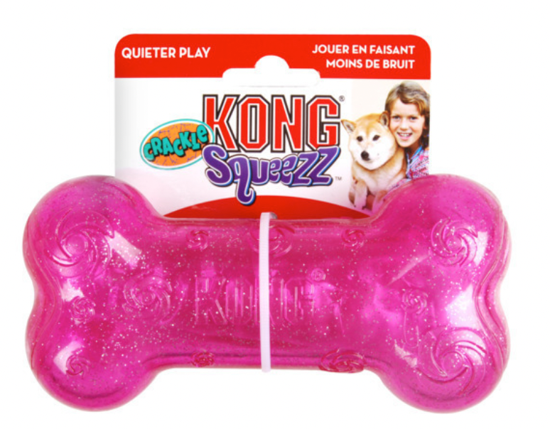 KONG Squeezz Crackle Bone Hundespielzeug in Pink mit Glitzer, langlebiger Knochen mit Knistern für Hunde