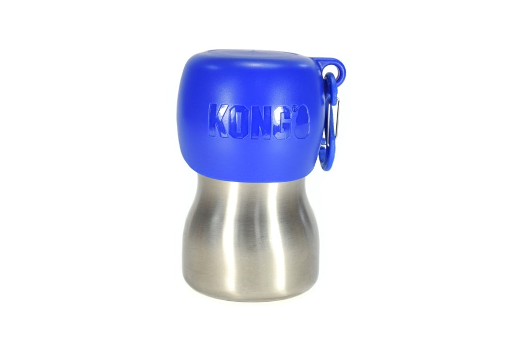 KONG Edelstahl Wasserflasche mit  blauem Deckel, der als Napf verwendet werfen kann und Karabinerhaken