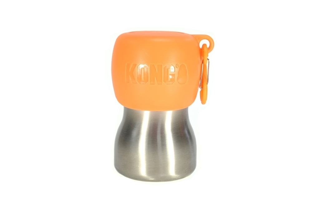 KONG Edelstahl Wasserflasche mit  orangenem Deckel, der als Napf verwendet werfen kann und Karabinerhaken