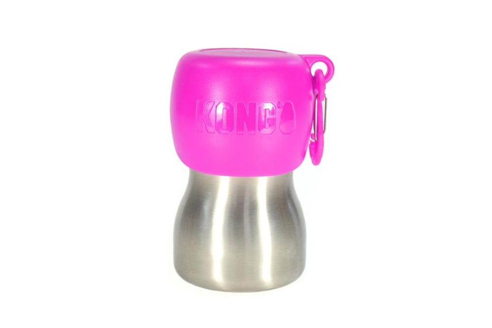 KONG Edelstahl Wasserflasche mit  pinken Deckel, der als Napf verwendet werfen kann und Karabinerhaken