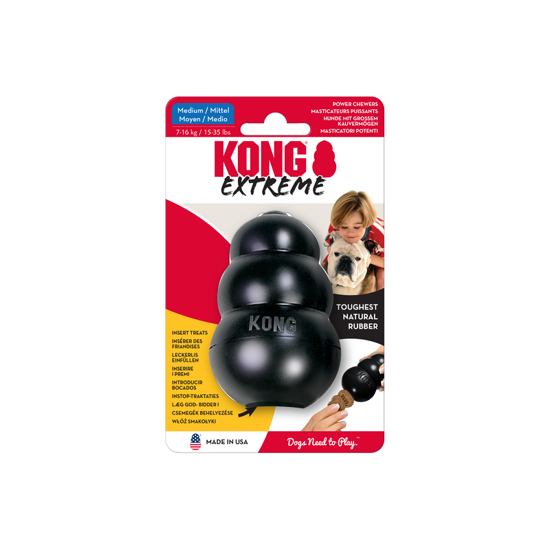 KONG Extreme in Schwarz in Größe Medium, extrem robustes Hundespielzeug aus starkem Naturgummi zum Befüllen mit Leckerlis.

