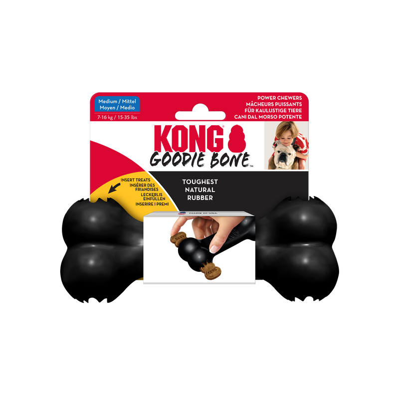 KONG Goodie Bone Extreme in Schwarz, robustes Hundespielzeug aus starkem Naturgummi mit Öffnungen zum Befüllen mit Leckerlis.
