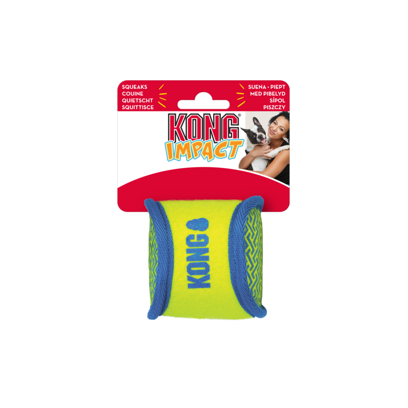 Gelb-blaues KONG Impact Hundespielzeug mit Quietschfunktion in der Originalverpackung, auf transparentem Hintergrund
