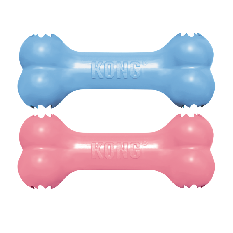 Ein hellblauer und ein rosa Knochen aus Naturkautschuk als Kauspielzeug für Welpen