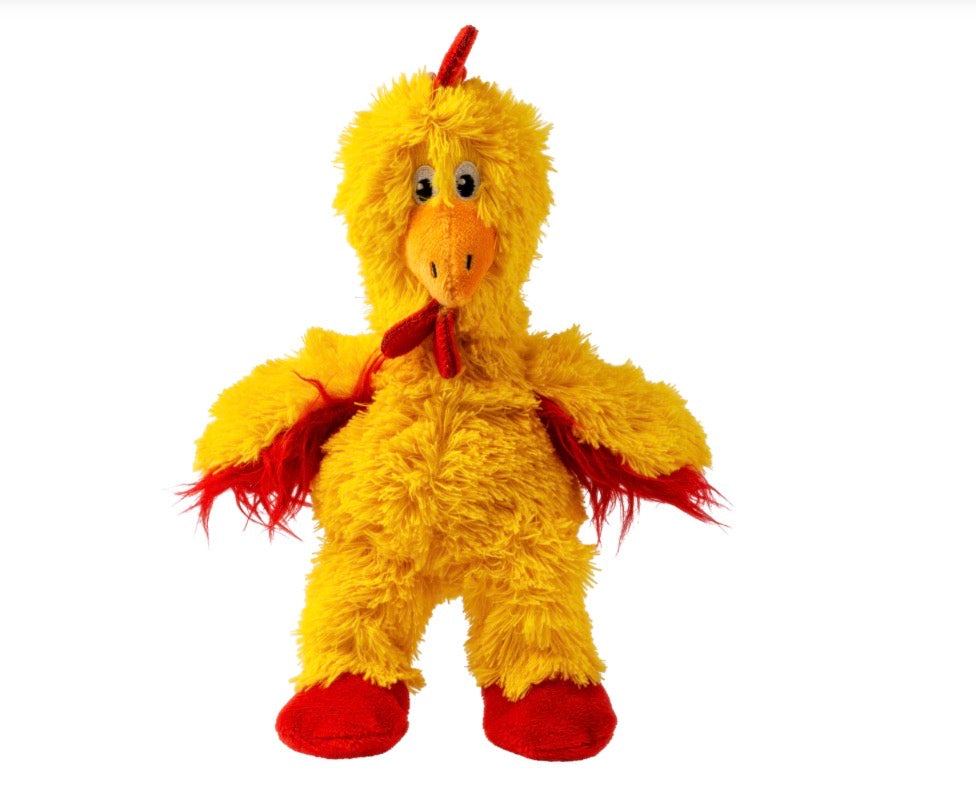 Einen Hundespielzeug Huhn in gelb und rot 