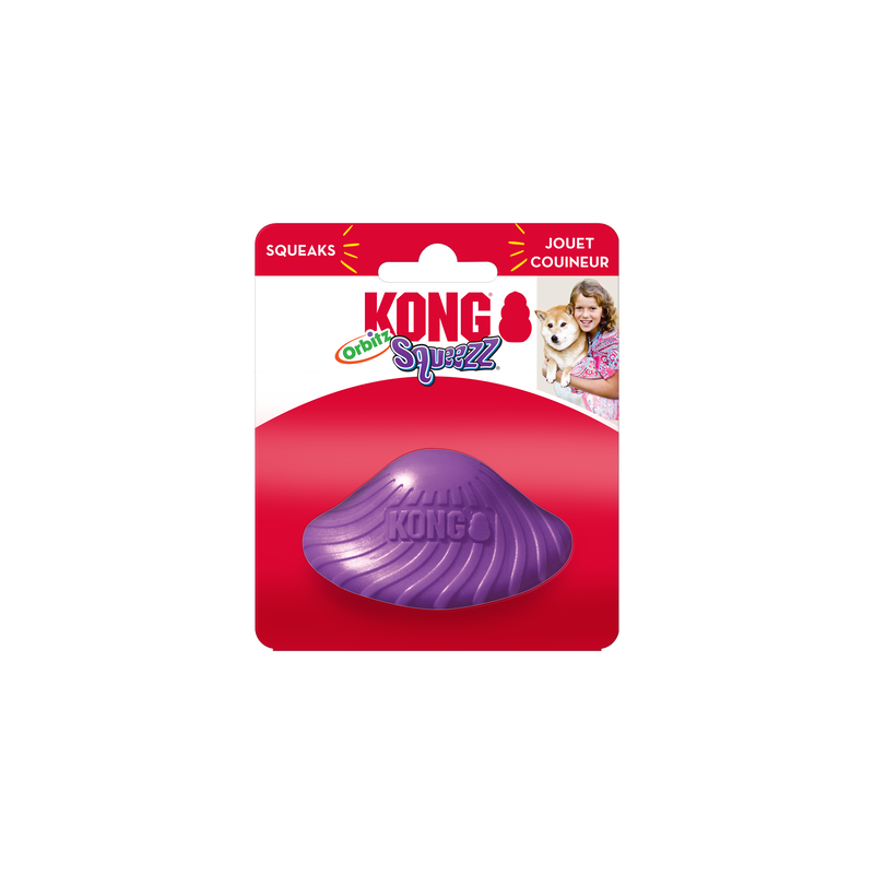 KONG Orbitz Squeezz Hundespielzeug in Lila mit strukturierter Oberfläche und Quietschfunktion, ideal zum Werfen und Spielen mit Hunden
