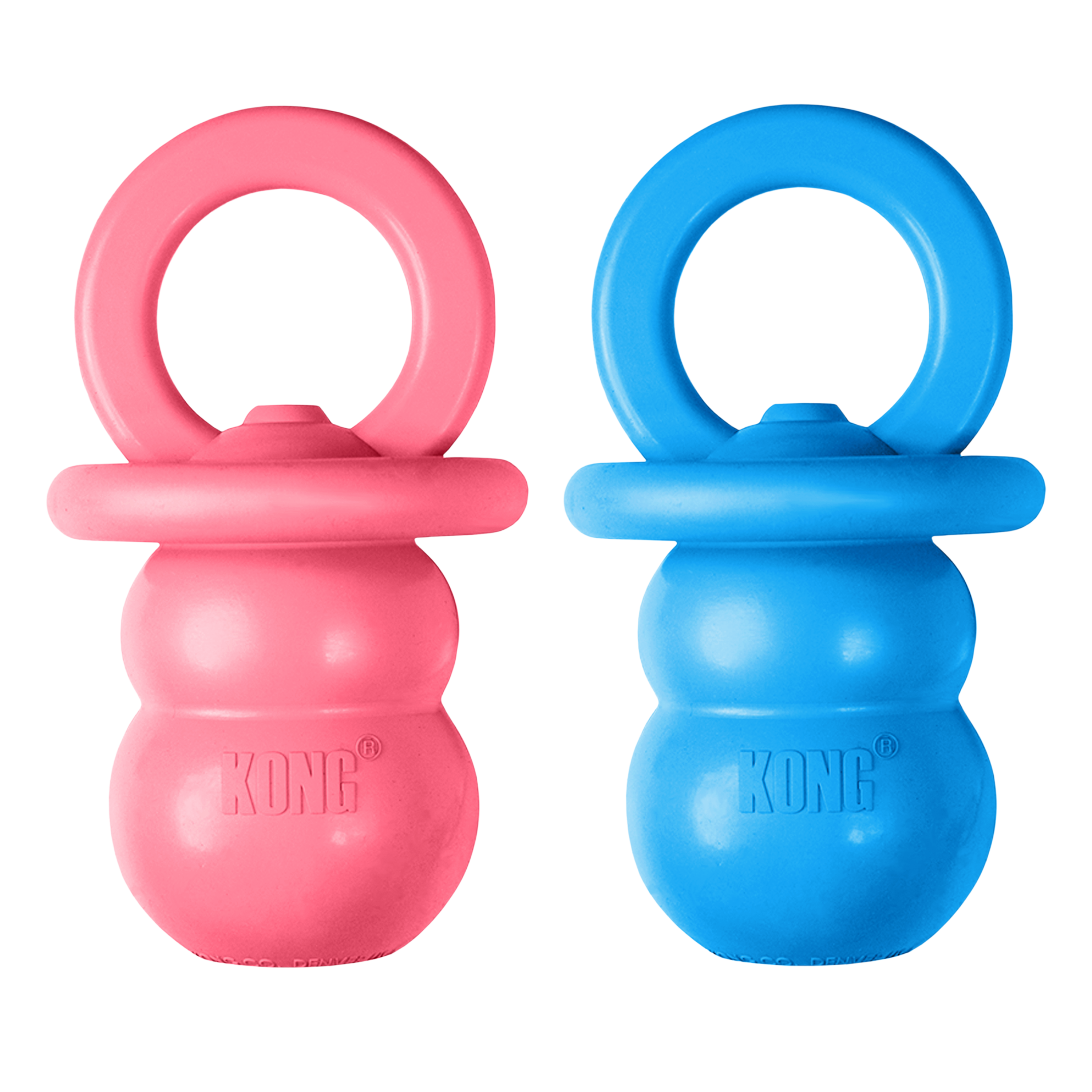 Zwei robuste KONG Hundespielzeuge in Rosa und Blau, aus strapazierfähigem Gummi mit Ring zum Spielen, auf transparentem Hintergrund
