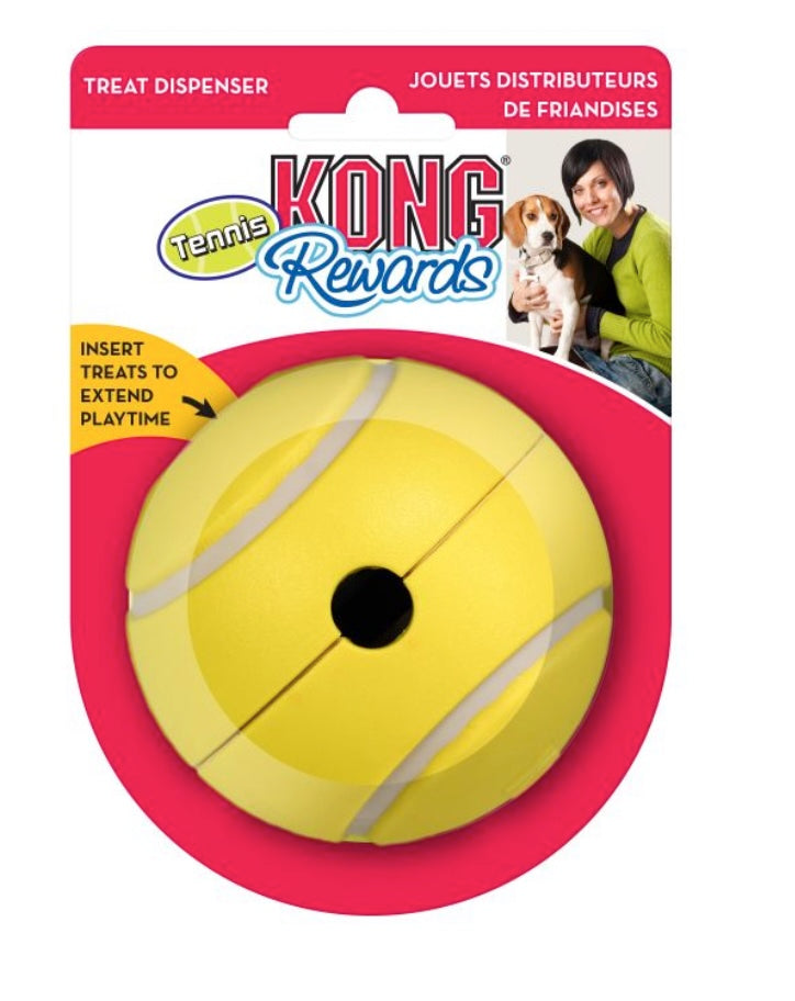 KONG Rewards Tennis – gelber Tennisball-Snackspender für Hunde mit Öffnung zum Befüllen mit Leckerlis
