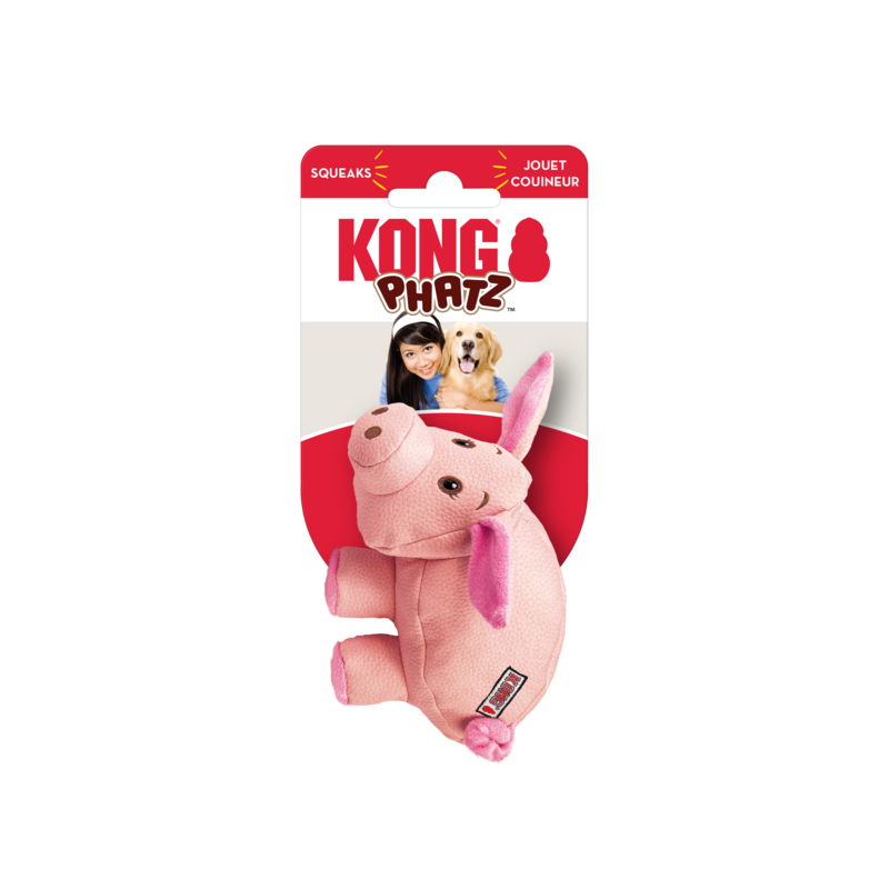 Rosa KONG Phatz Hundespielzeug in Schweinchenform mit strukturierter Oberfläche und Quietschfunktion in Originalverpackung, auf transparentem Hintergrund

