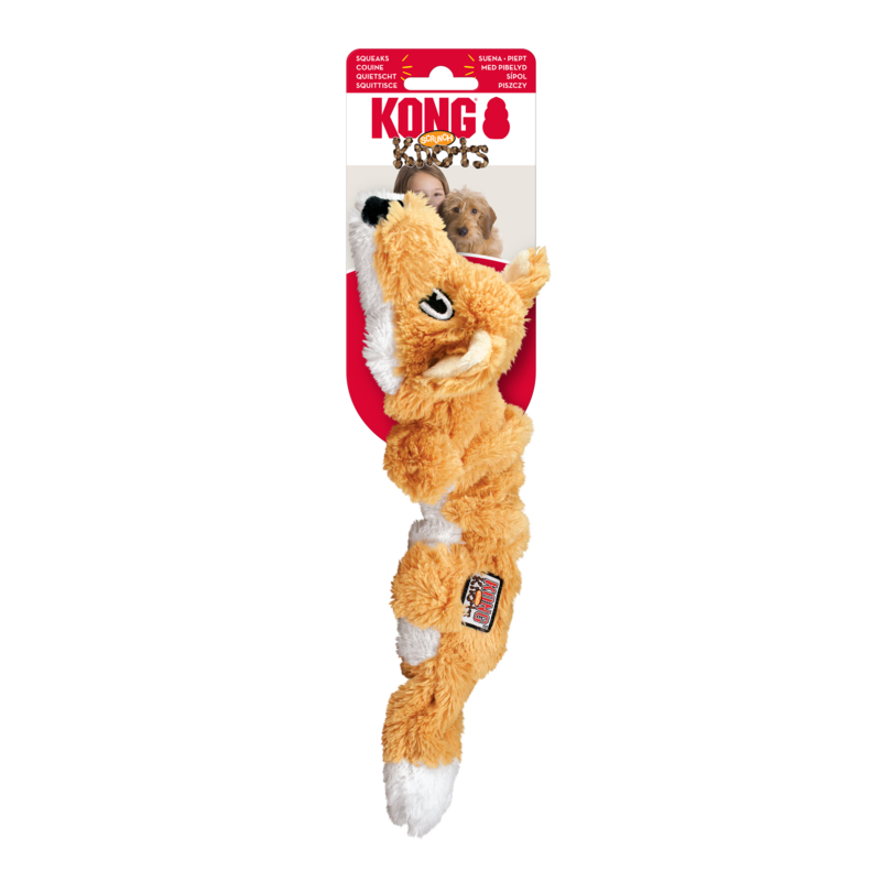 KONG Scrunch Knots Hundespielzeug in Fuchsform mit Quietschfunktion und innerem Knoten, in Originalverpackung, auf transparentem Hintergrund
