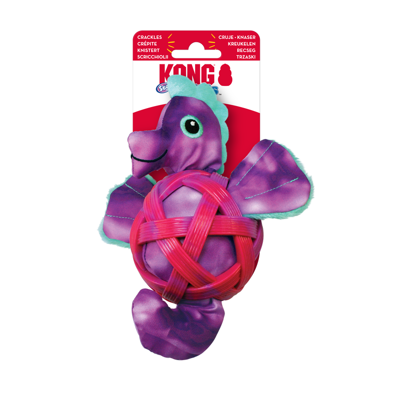 KONG Hundespielzeug in Seepferdchen-Form in Lila und Pink mit robustem Ballkern, perfekt zum Spielen und Kauen für Hunde
