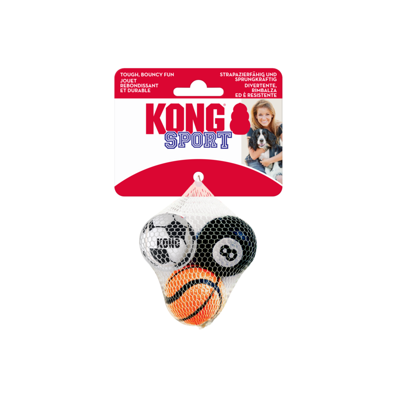 KONG Sport Hundespielzeug Set mit drei robusten Bällen in Fußball-, Basketball- und Billard-Design im Netzbeutel, ideal zum Apportieren und Spielen mit Hunden
