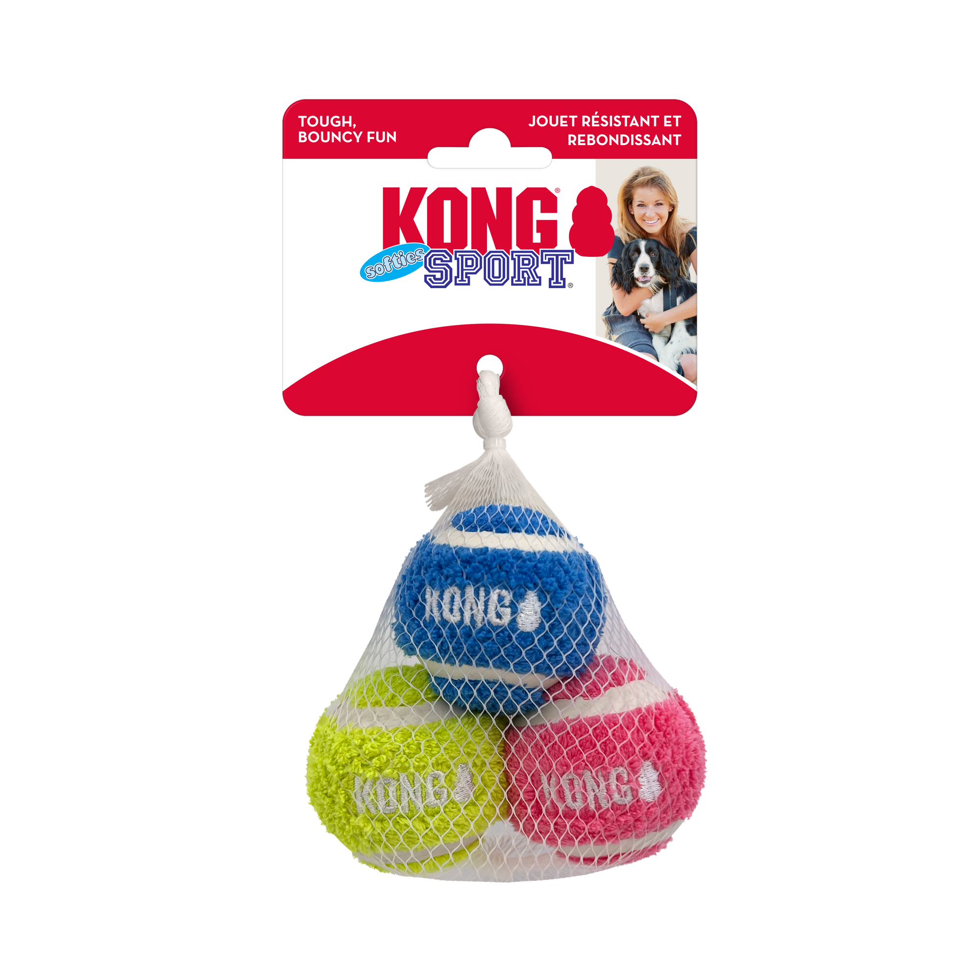KONG Sport Hundespielzeug Set mit drei farbigen Tennisbällen in Blau, Pink und Gelb im Netzbeutel, ideal zum Apportieren und Spielen mit Hunden
