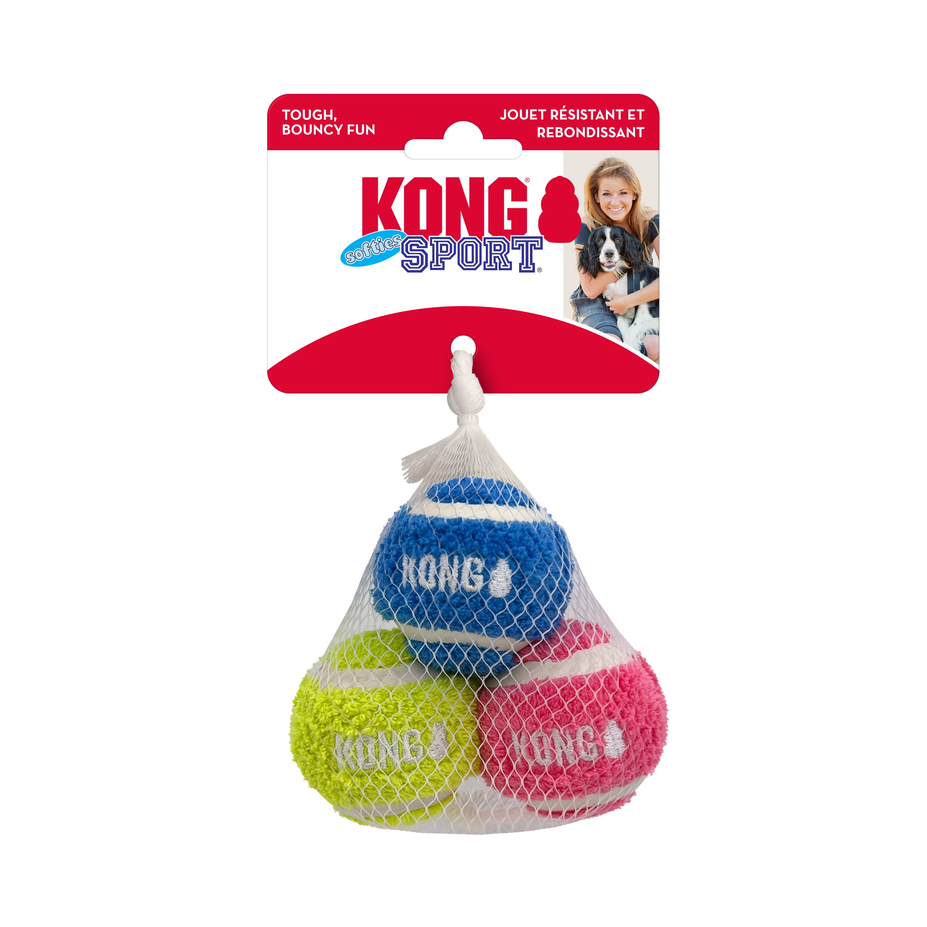 KONG Sport Hundespielzeug Set mit drei farbigen Tennisbällen in Blau, Pink und Gelb im Netzbeutel, ideal zum Apportieren und Spielen mit Hunden

