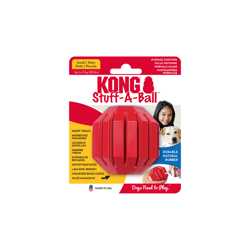 KONG Stuff-A-Ball Hundespielzeug in Rot aus natürlichem, strapazierfähigem Gummi, mit Schlitzen zum Einfüllen von Leckerlis für mehr Spielspaß