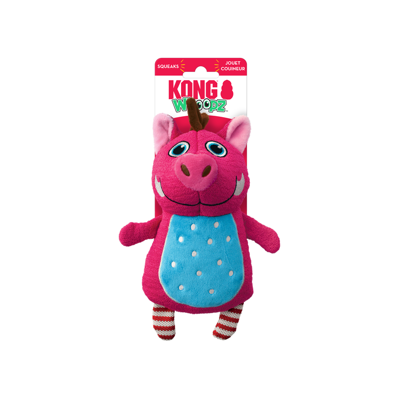 KONG Whoopz Hundespielzeug in Pink mit blauem Bauch und lustigem Monster-Design, weiches Plüschtier mit Quietschfunktion zum Spielen und Kuscheln
