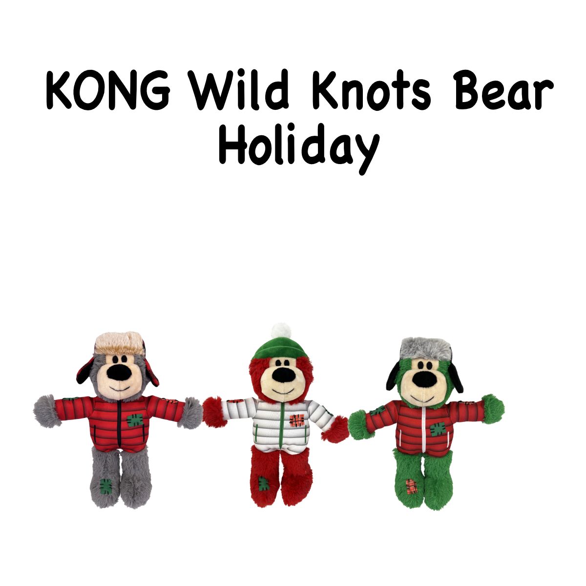 Drei weihnachtliche Plüsch-Hundespielzeuge mit Winterjacken in Rot, Weiß und Grün auf weißem Hintergrund
