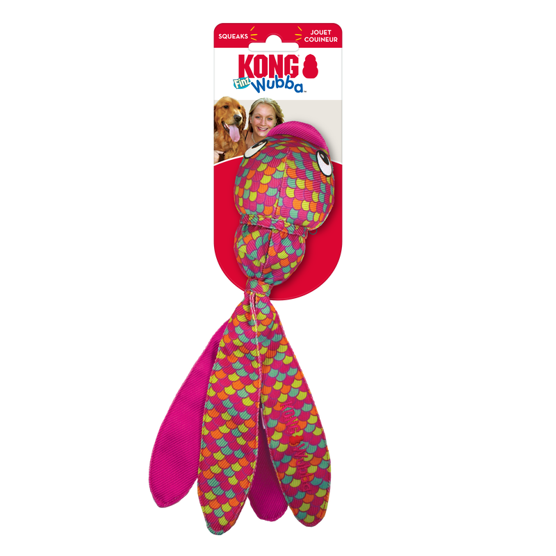 KONG Wubba Finz Hundespielzeug in Fischform, robustes Wurf- und Zerrspielzeug mit langen Schwänzen und Quietschfunktion für aktives Spielen mit Hunden