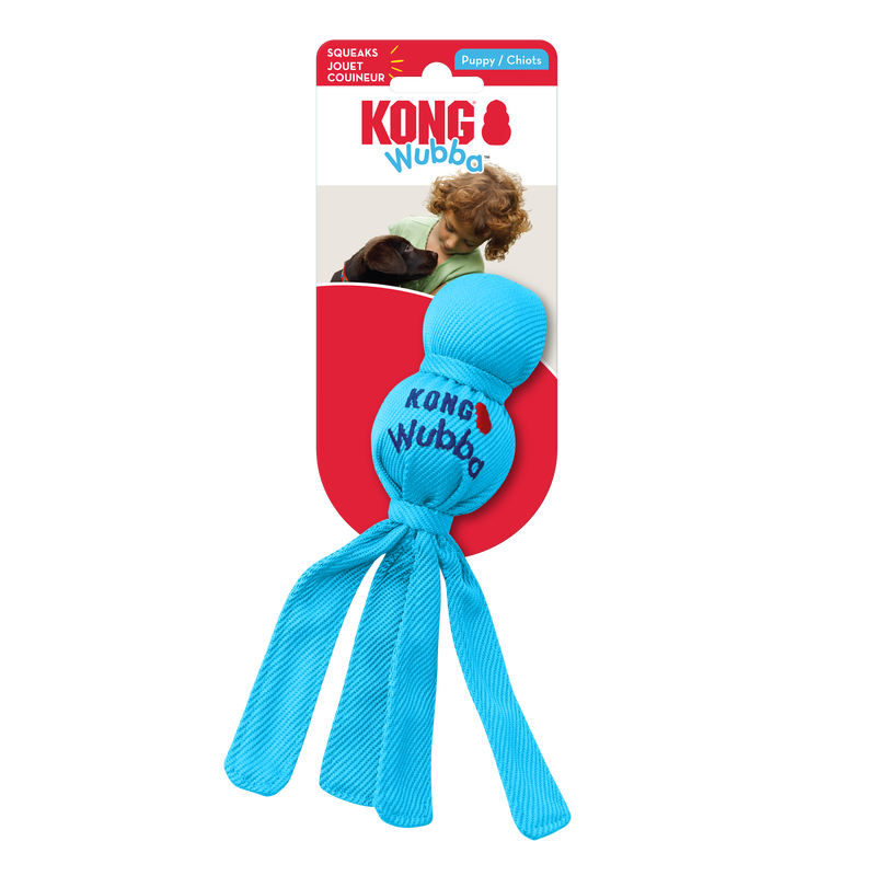KONG Puppy Wubba Welpenspielzeug in Blau, weiches Wurf- und Zerrspielzeug mit Quietschfunktion und langen Entenfüßen für aktives Spielen und Apportieren für Welpen