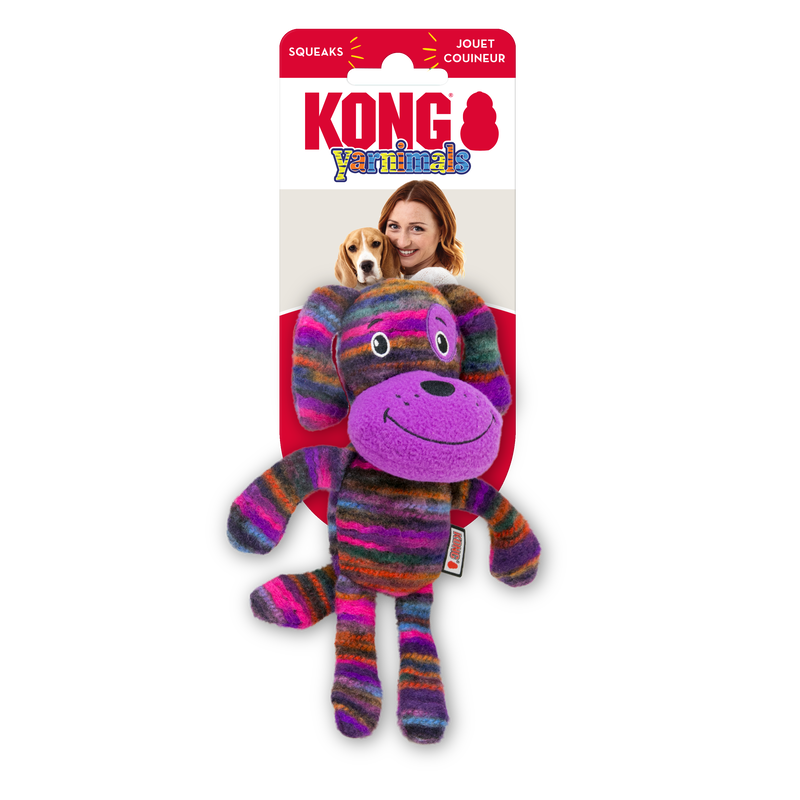KONG Yarnimals Hund, buntes weiches Plüschspielzeug für Hunde mit Quietschfunktion, ideal zum Kuscheln, Spielen und Apportieren