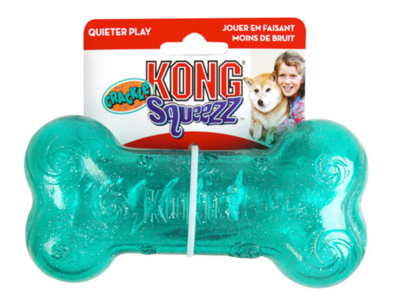KONG Squeezz Crackle Bone Hundespielzeug in grün mit Glitzer, strapazierfähiger Knochen mit knisterndem Geräusch für Hunde