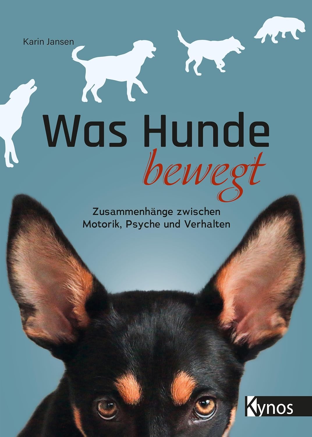 Buchcover Karin Jansen: Was Hunde bewegt. Über die Zusammenhänge zwischen Motorik, Psyche und Verhalten. Hundekopf vor blauem Hintergrund