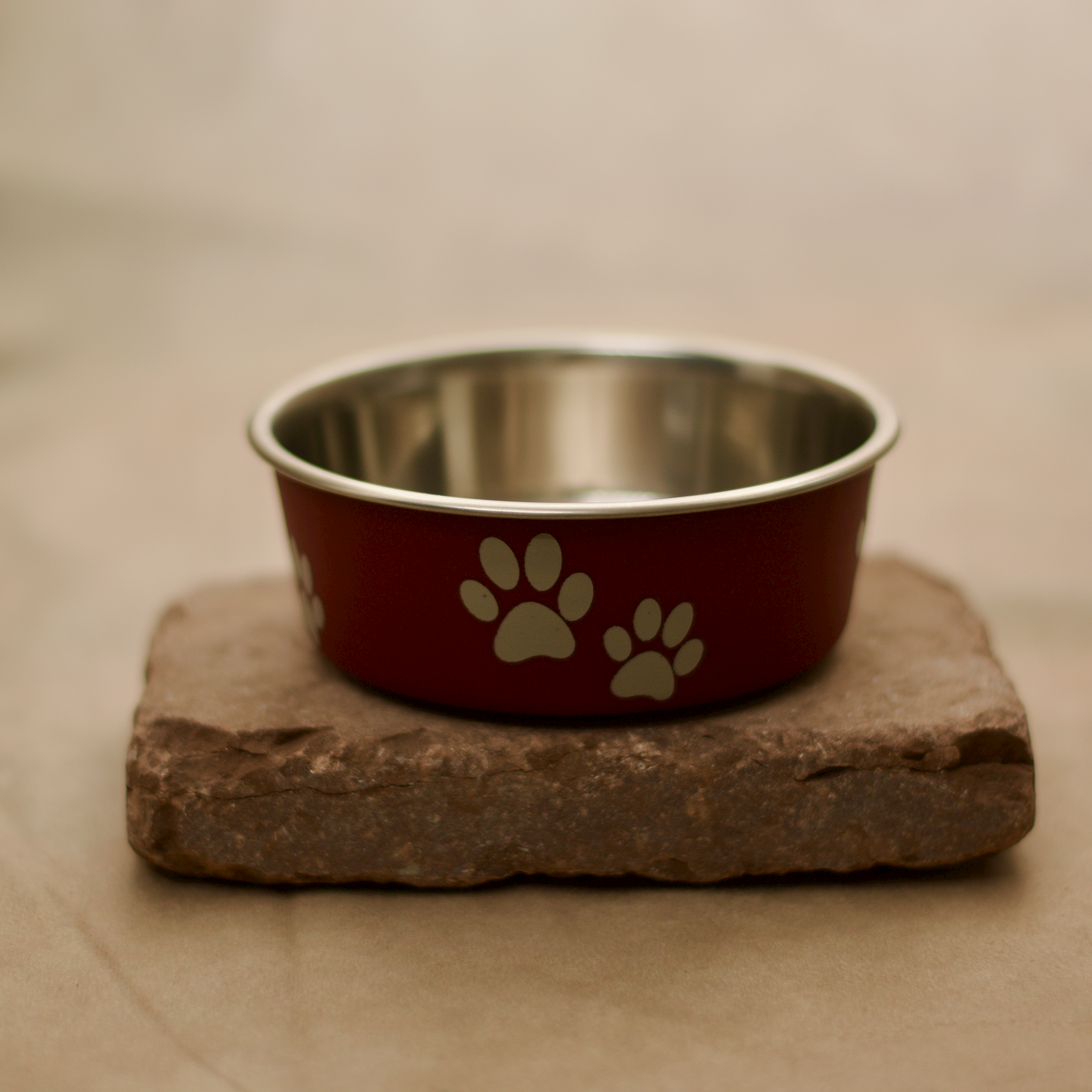 Roter Edelstahl Futternapf für Hunde und Katzen, mit Anti-Rutsch Gummiring am Boden, niedlicher Print ringsum, für Nass-, Trockenfutter oder Wasser verwendbar. Auf einem flachen Stein präsentiert.