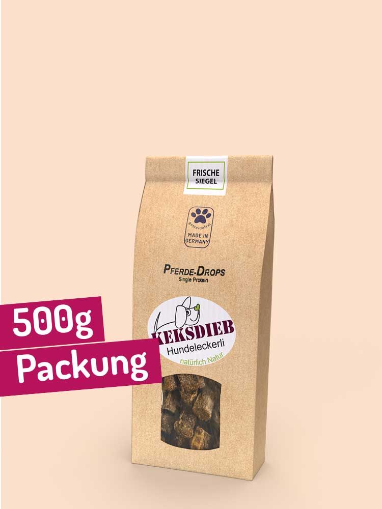 Hundekekse "Pferde Drops" in Papiertüte mit Sichtfenster. Hersteller Keksdieb. Aufdruck 500g Packung