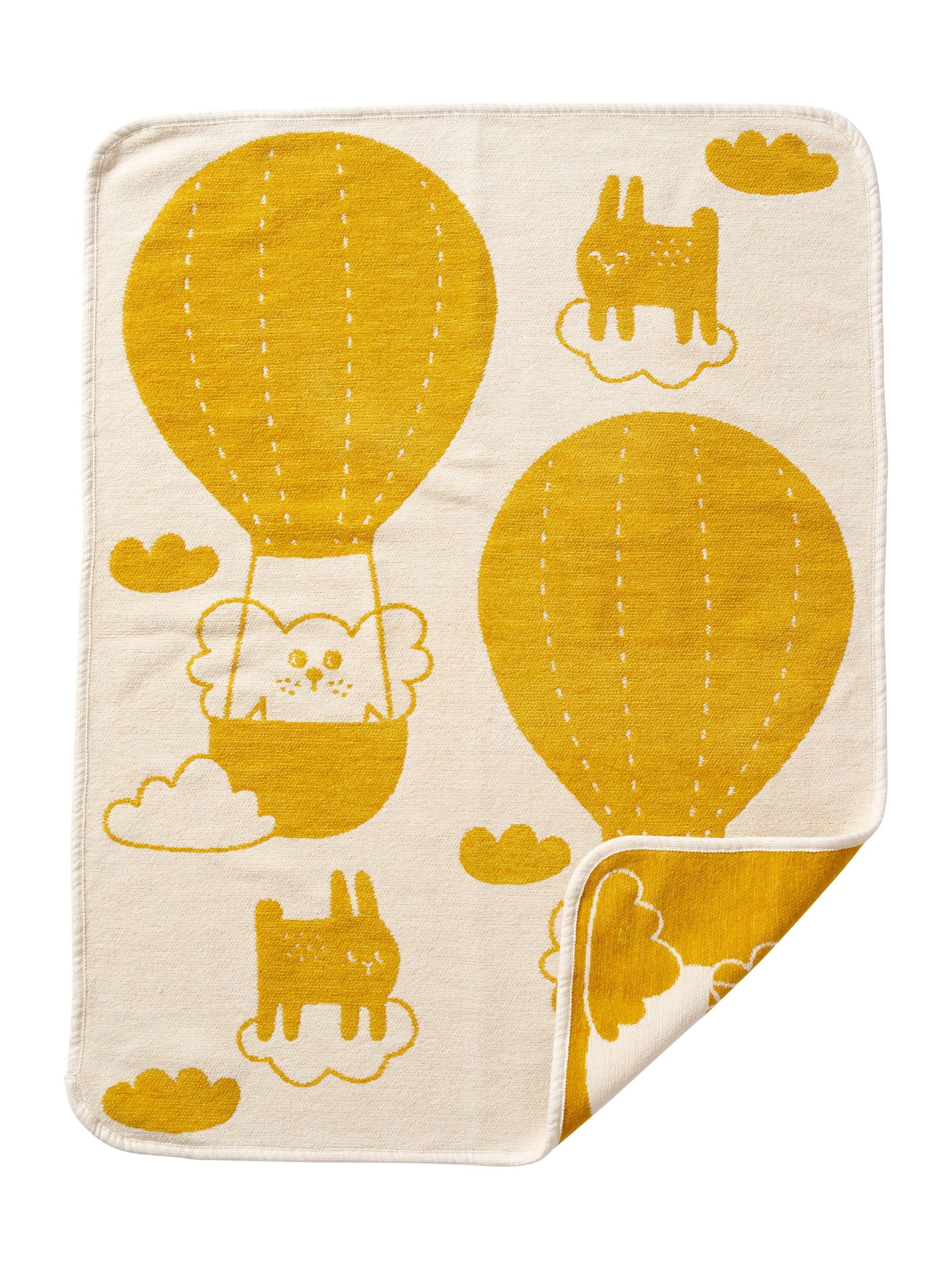 Beige Kuscheldecke mit gelben Heißluftballons, Wolken und niedlichen Tiermotiven, weiche Decke für Hunde oder Kinderzimme