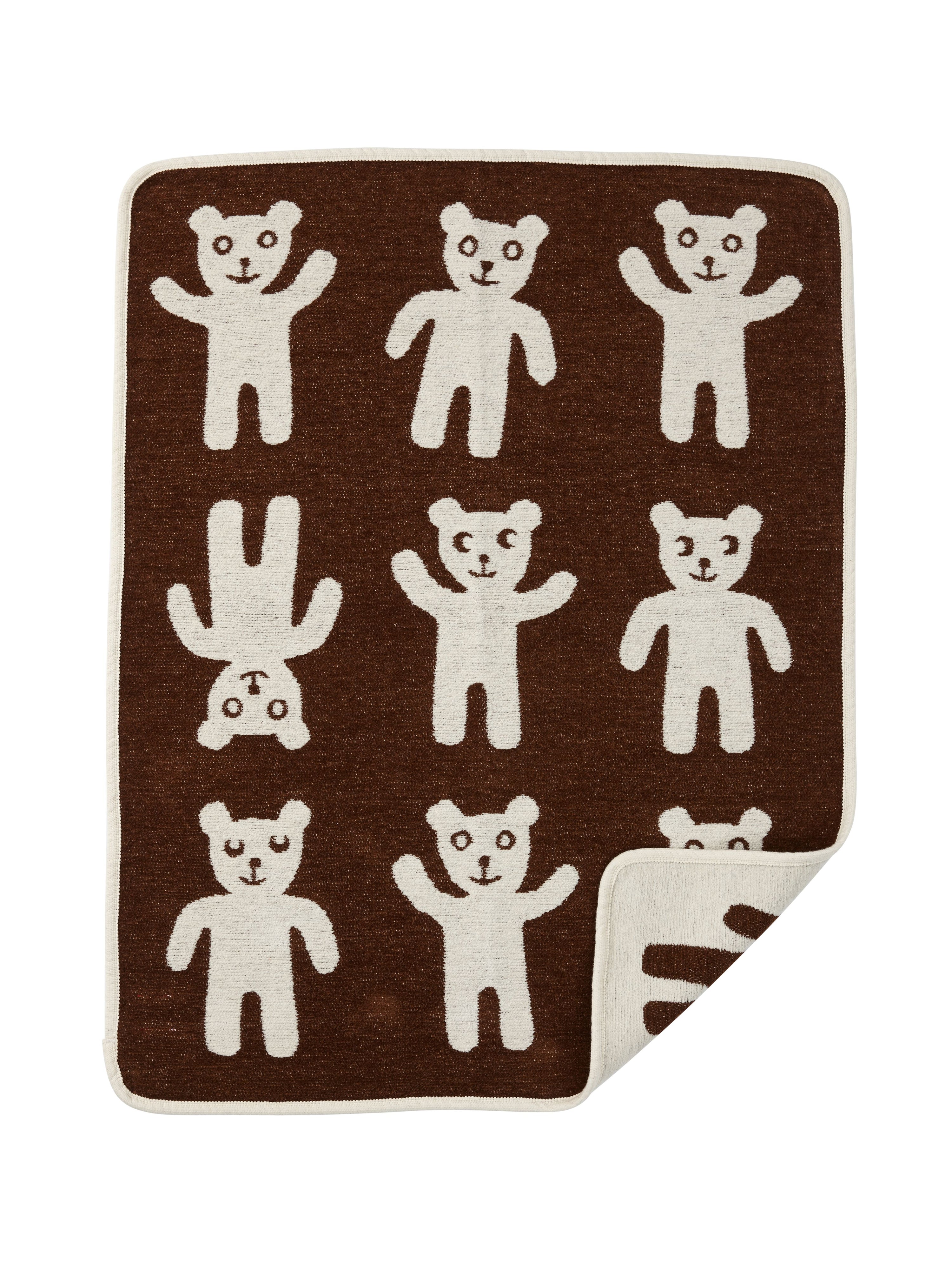 Braune rechteckige Baumwolldecke mit neun weißen Teddybären