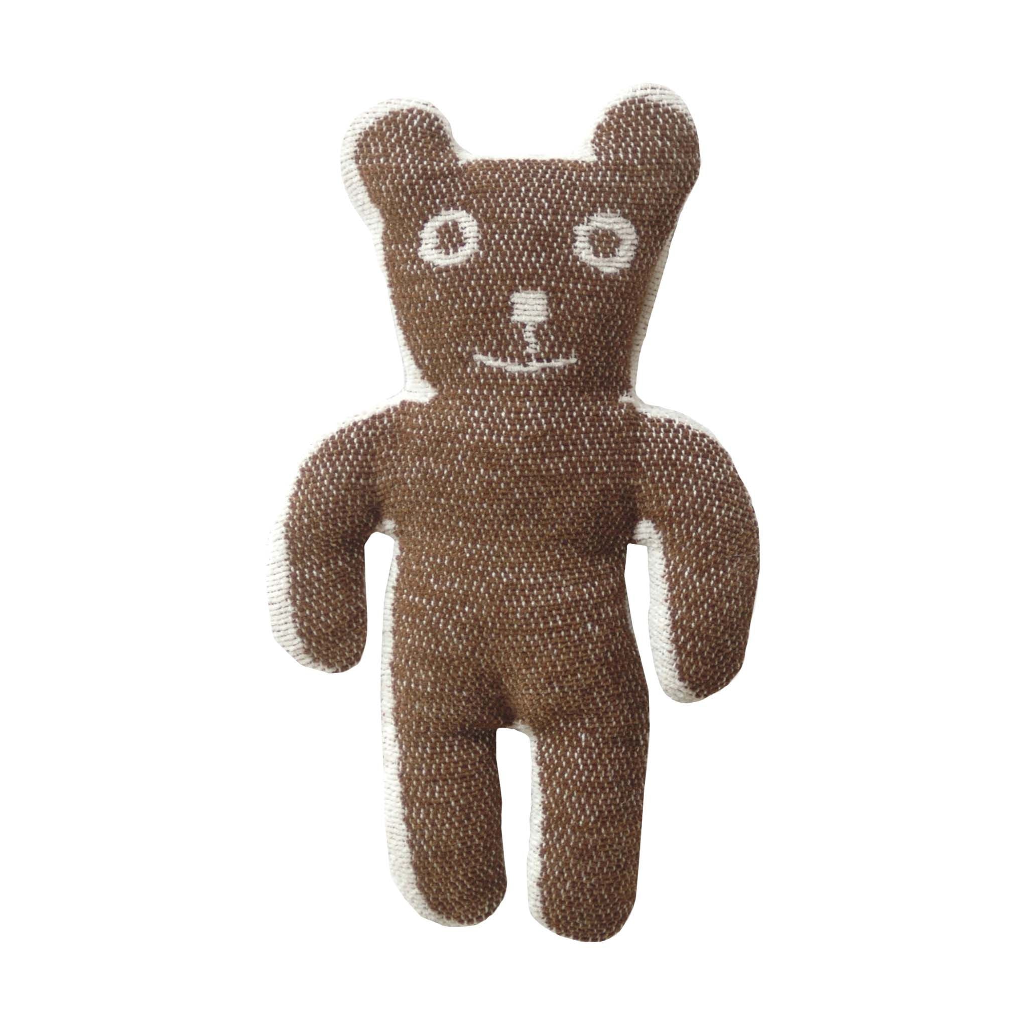 Braunes gestricktes Kuscheltier in Bärenform mit weißen Seitenakzenten und gesticktem Gesicht, weiches Stofftier aus Wollmix.