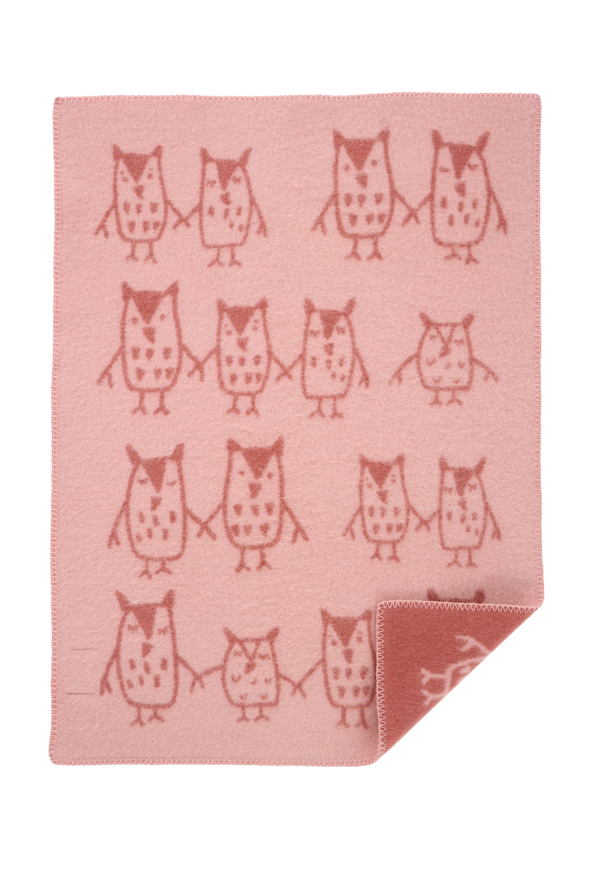 Rosa Wolldecke mit stilisiertem Eulen Muster in Braun, weiche Decke mit Hand in Hand Design, dekorative Wohn- und Kuscheldecke