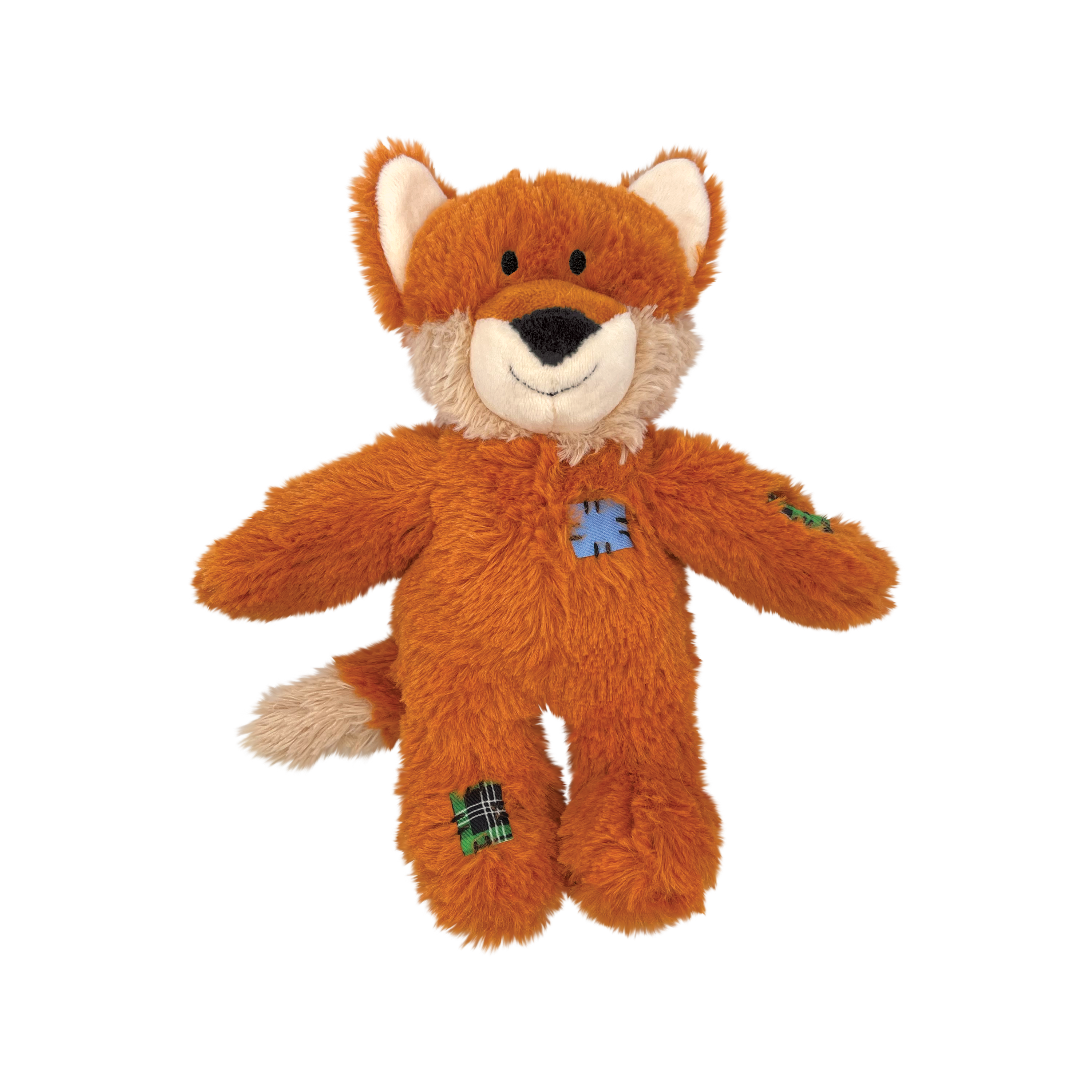 KONG Plüsch-Fuchs Hundespielzeug in Orange mit Flicken-Details und Quietschfunktion, weiches Spielzeug zum Kuscheln und Spielen für Hunde