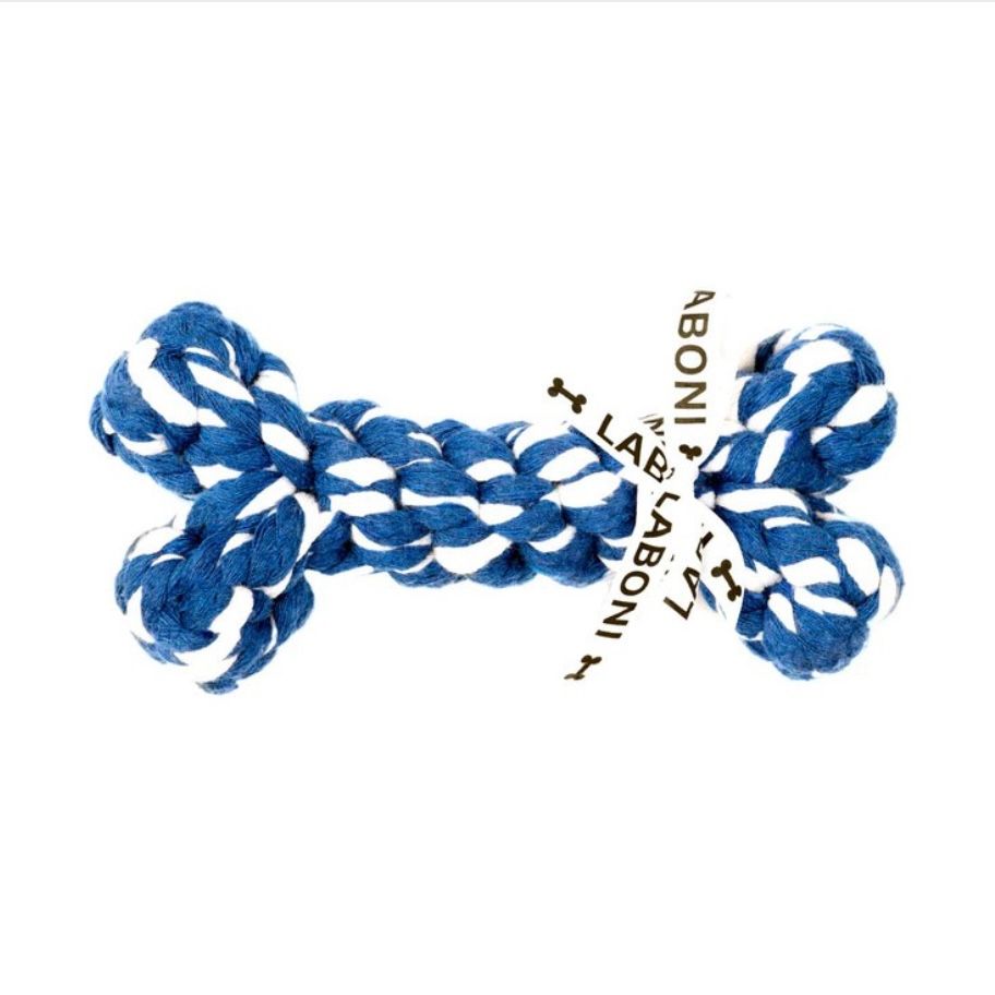 LABONI Bonnie Bone – robustes Knochen-Hundespielzeug aus Baumwolltau zum Kauen, Zerren und Spielen, blau-weiß