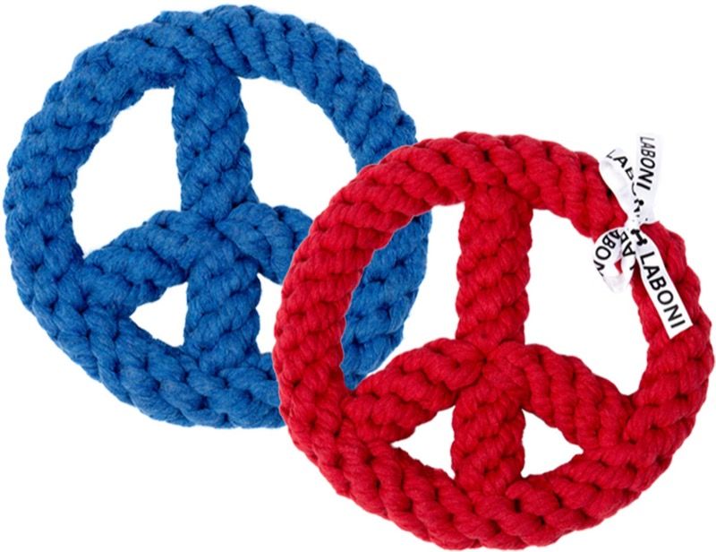 LABONI Paulchen Peace – robustes Hundespielzeug aus geflochtener Baumwolle in Peace-Symbol-Form in Rot oder Blau, ideal zum Kauen, Zerren und Apportieren