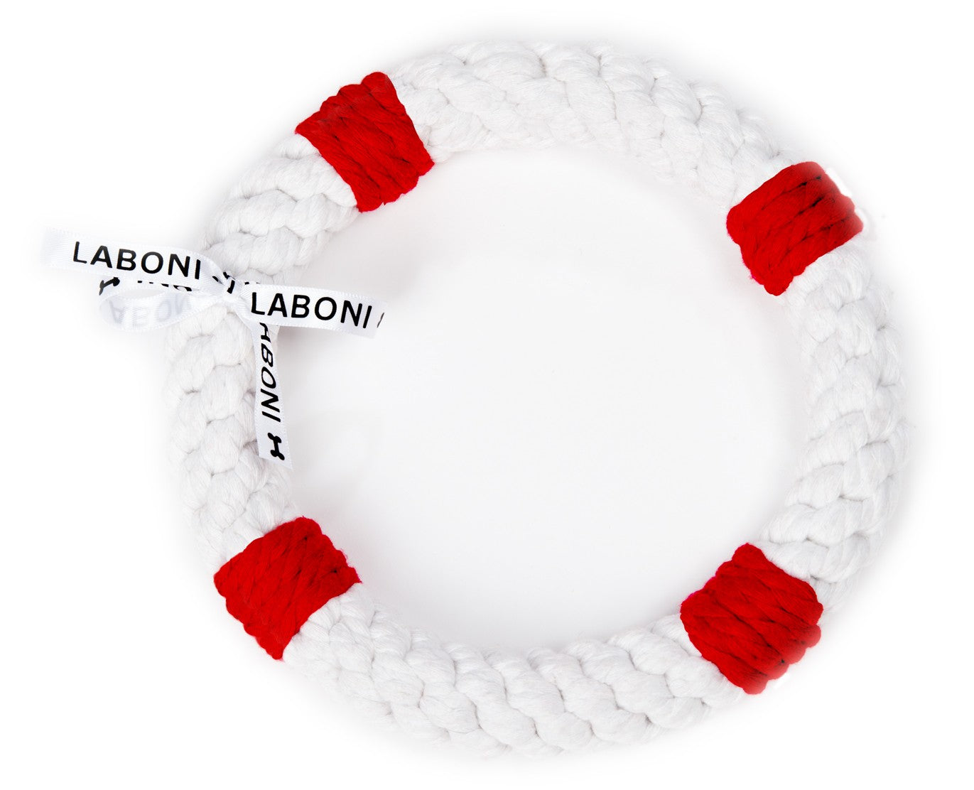 LABONI Rita Rettungsring – rundes, robustes Hundespielzeug aus geflochtener Baumwolle in Weiß mit roten Akzenten, ideal zum Kauen, Zerren und Apportieren