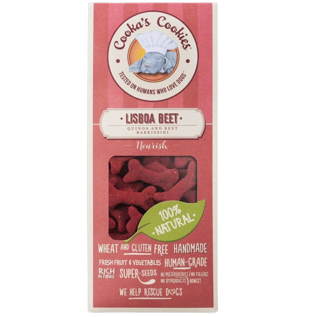 Rote Tüte mit Hundekeksen in Knochenform von Cookas Cookies