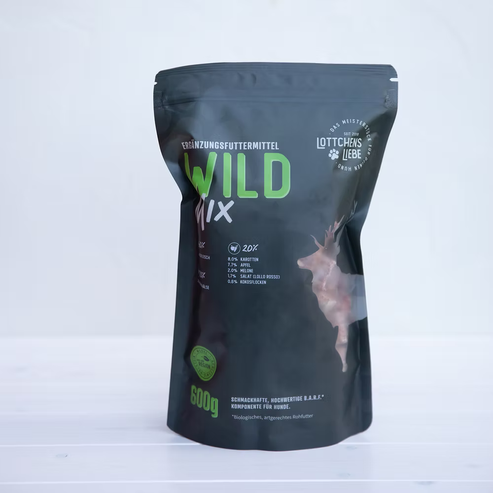 Lottchens Liebe Wild Mix – BARF Ergänzungsfuttermittel aus Wild, mit Obst und Gemüse, tiefgefrorenes Hundefutter im 600 g Beutel