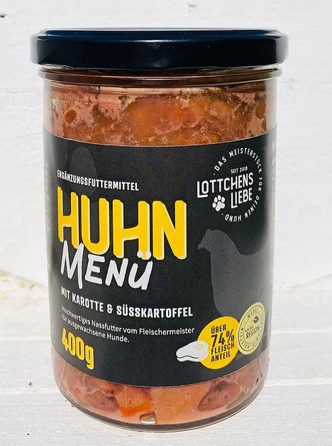 Lottchens Liebe Huhn Menü im 400g Glas – Nassfutter für erwachsene Hunde mit Huhn, Karotte und Süßkartoffel, hochwertiger Fleischanteil über 74 %
