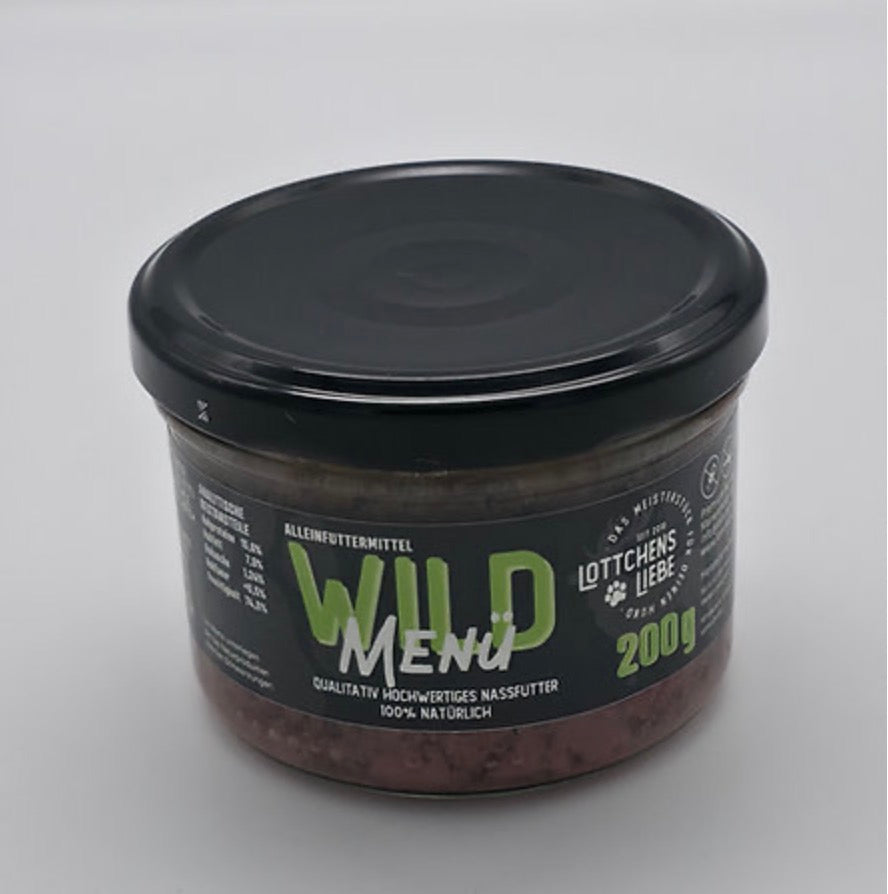 Ein 200g Glas Lottchens Liebe Wild Menü Nassfutter  für Hunde 