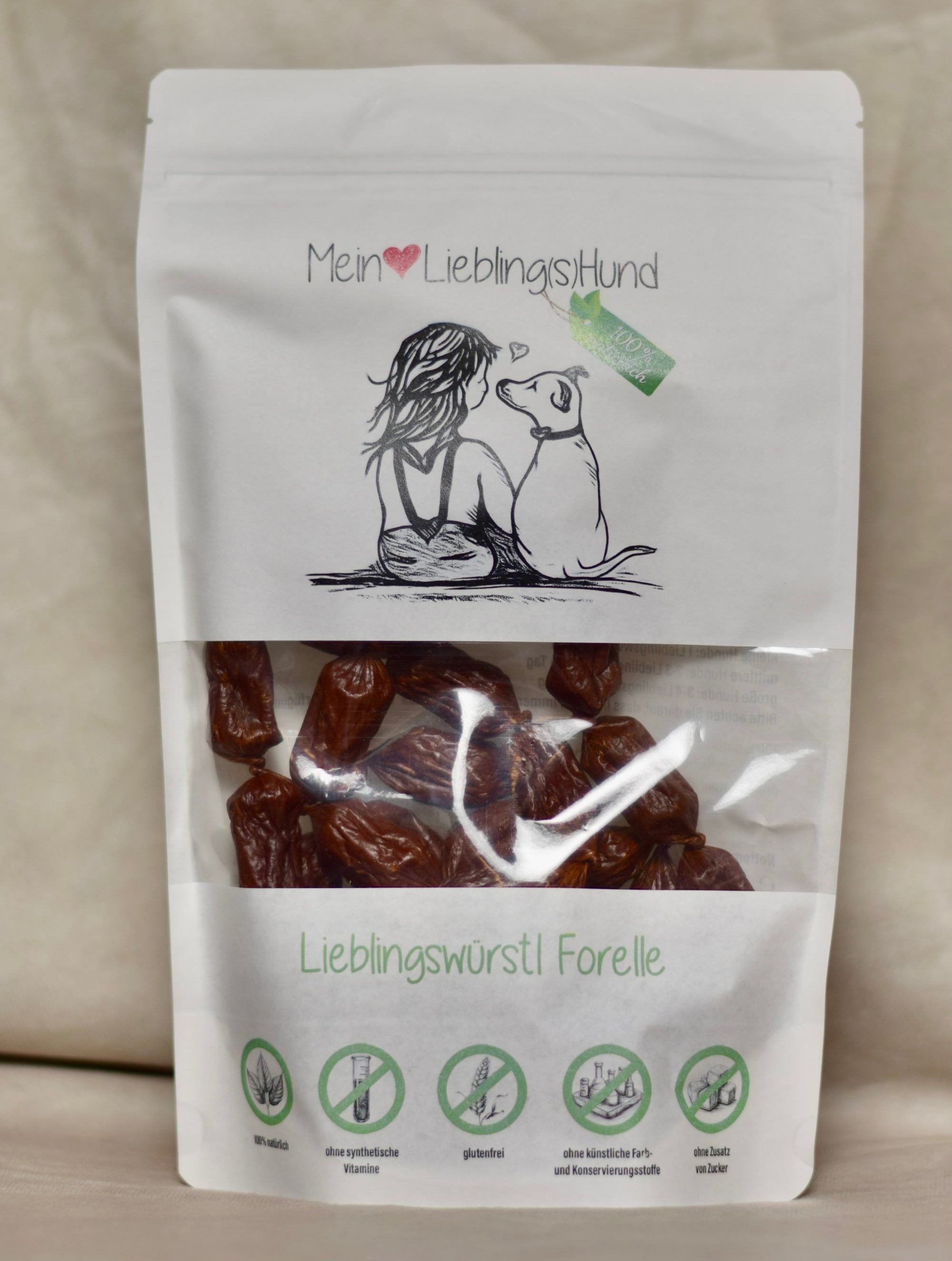 Hundesnack Lieblingswürstl Forelle von Mein LieblingsHund, natürliche Fischwürstchen in Beutelverpackung