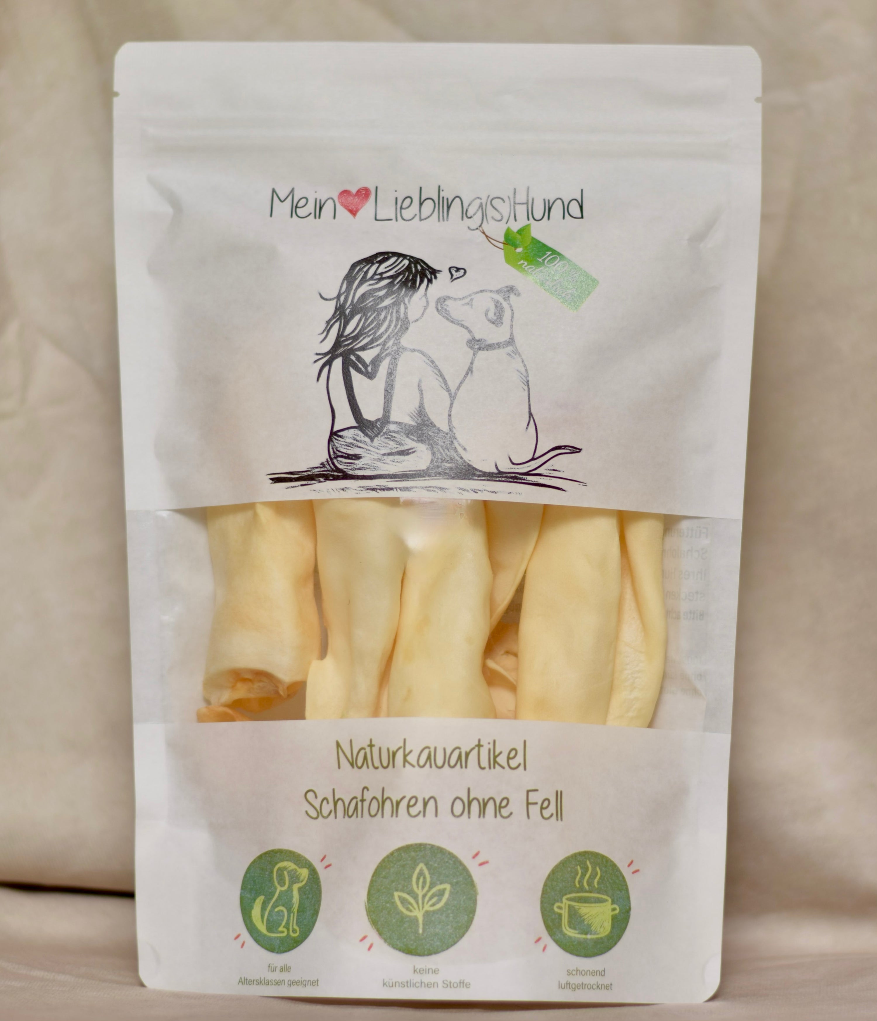 Naturkauartikel Schafohren ohne Fell von Mein LieblingsHund, fettarmer Kausnack für Hunde