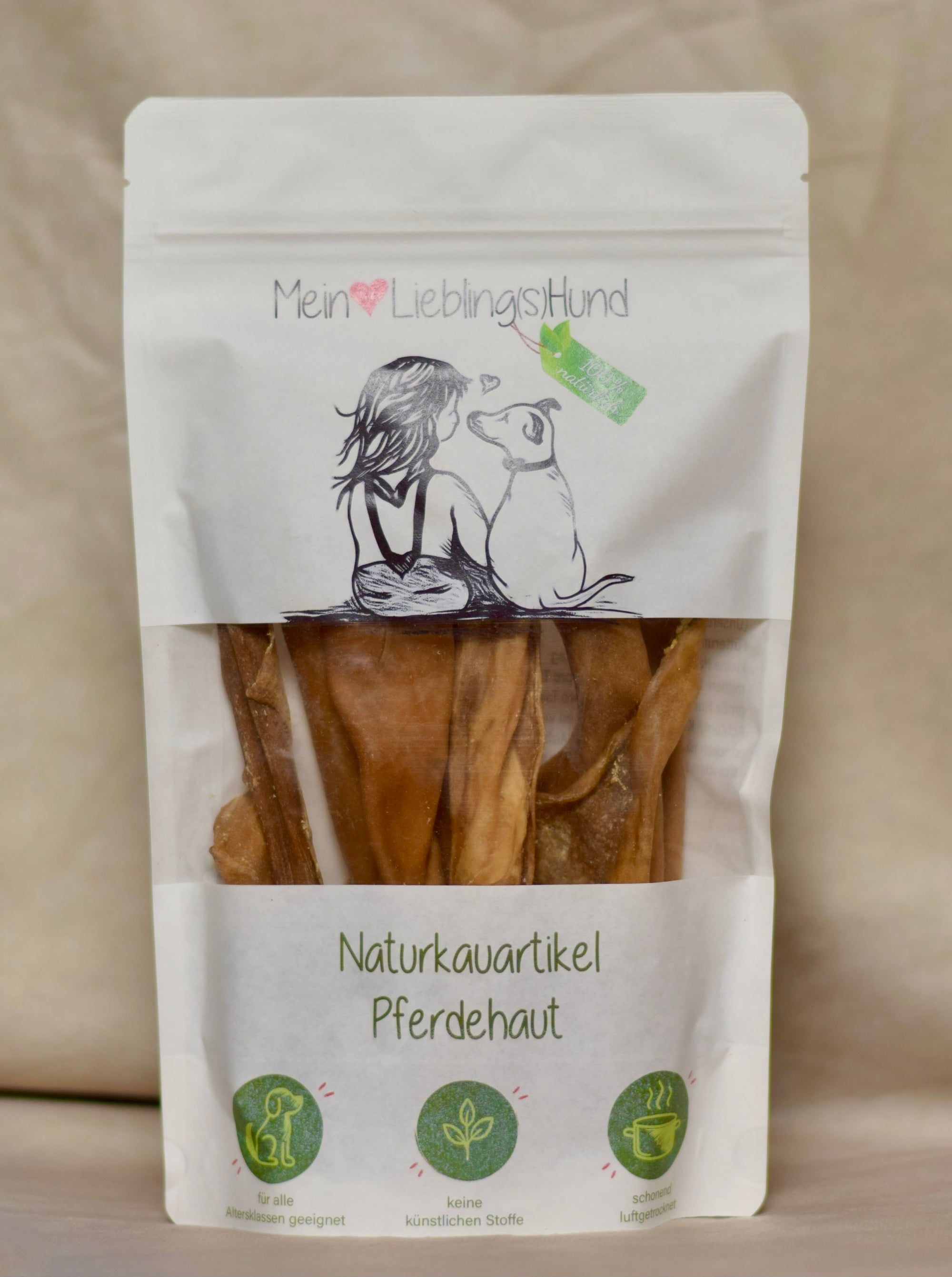Naturkauartikel Pferdehaut von Mein LieblingsHund, luftgetrocknete Pferdehautstreifen in wiederverschließbarer Verpackung
