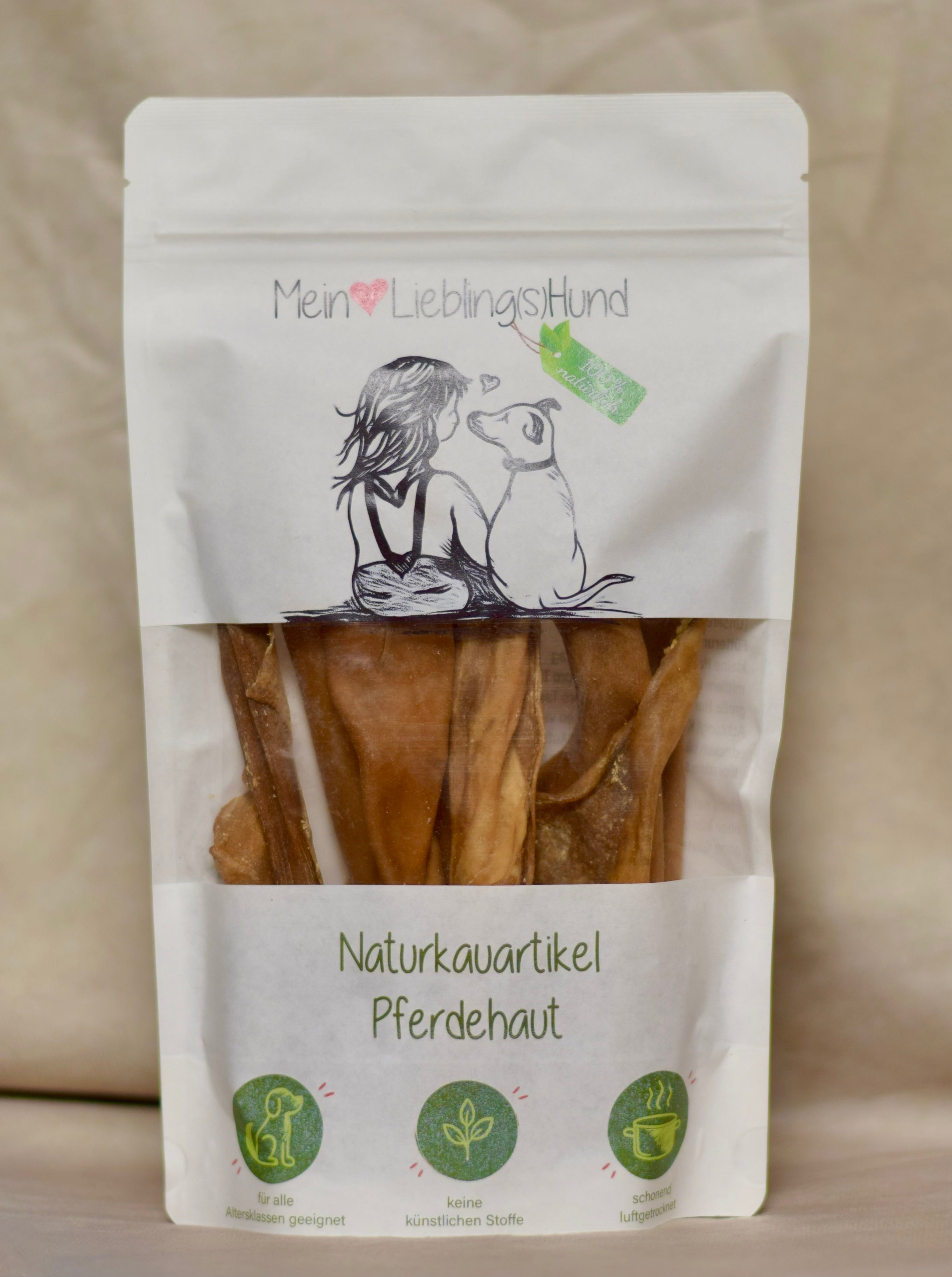 Naturkauartikel Pferdehaut von Mein LieblingsHund, luftgetrocknete Pferdehautstreifen in wiederverschließbarer Verpackung
