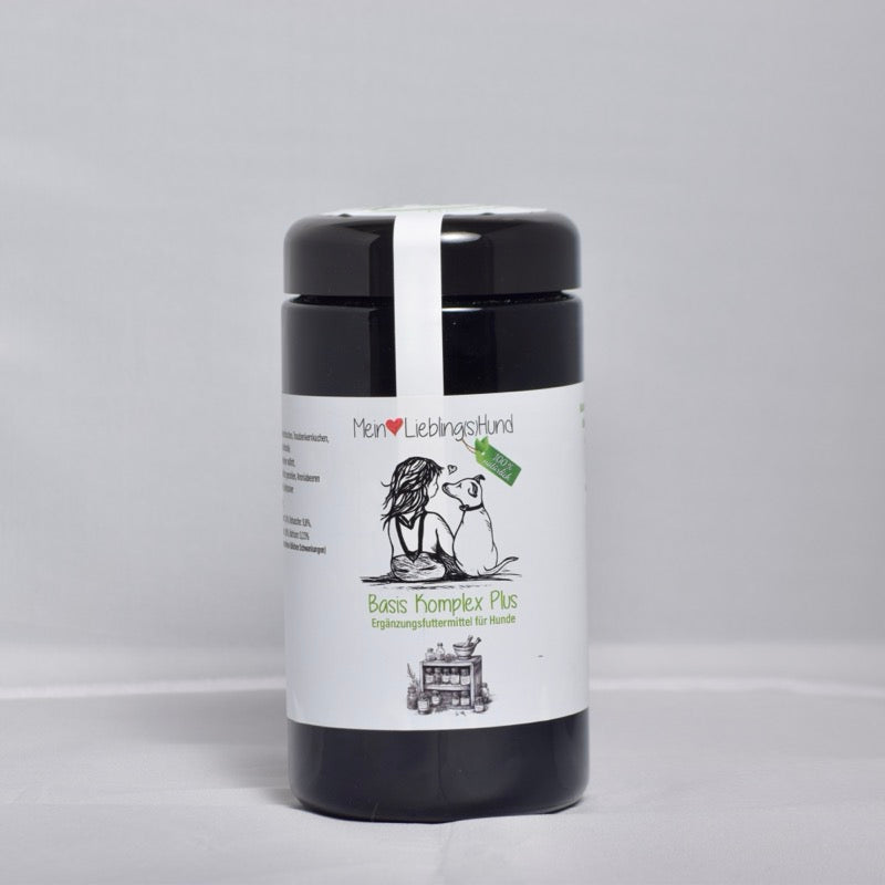Basis Komplex Plus von Mein LieblingsHund – natürliche Ergänzung für Hunde im schwarzen Glas, unterstützt Vitalität und Ernährung
