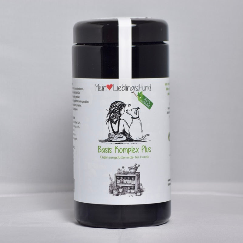 Basis Komplex Plus von Mein LieblingsHund – natürliche Ergänzung für Hunde im schwarzen Glas, unterstützt Vitalität und Ernährung
