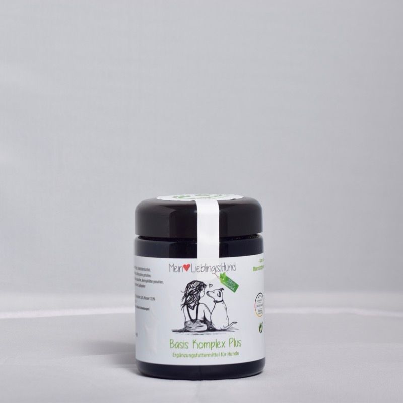 Basis Komplex Plus von Mein LieblingsHund – natürliche Ergänzung für Hunde im schwarzen Glas, unterstützt Vitalität und Ernährung
