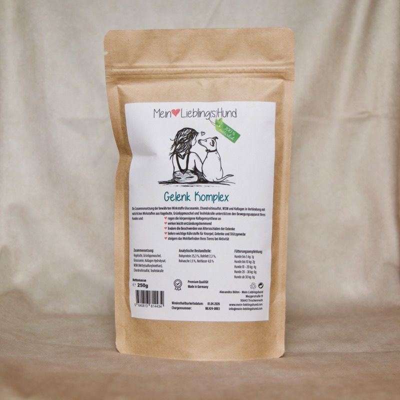 Mein LieblingsHund Gelenk Komplex Ergänzungsfuttermittel für Hunde in brauner Verpackung, Illustration von Hund und Mensch, 100 Prozent natürliche Zutaten
