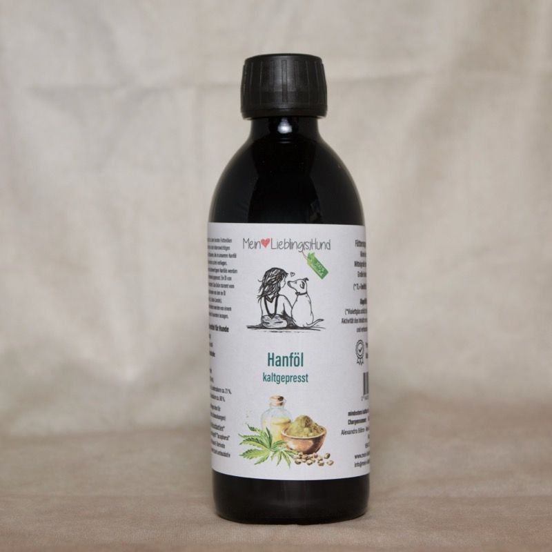 Mein LieblingsHund Hanfoel kaltgepresst für Hunde, schwarze Glasflasche mit Etikett und Illustration von Hund und Mensch, 100 Prozent natürliches Ergänzungsfuttermittel
