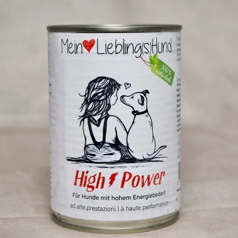 Mein LieblingsHund High Power Hunde Ergänzungsfutter in Konservendose, Futter für Hunde mit hohem Energiebedarf, Illustration von Hund und Mensch auf dem Etikett
